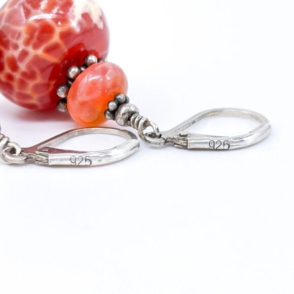 Vintage Sterling Silver 925 Red and Orange Glass Beaded Dangle Earrings - Picture 4 of 6